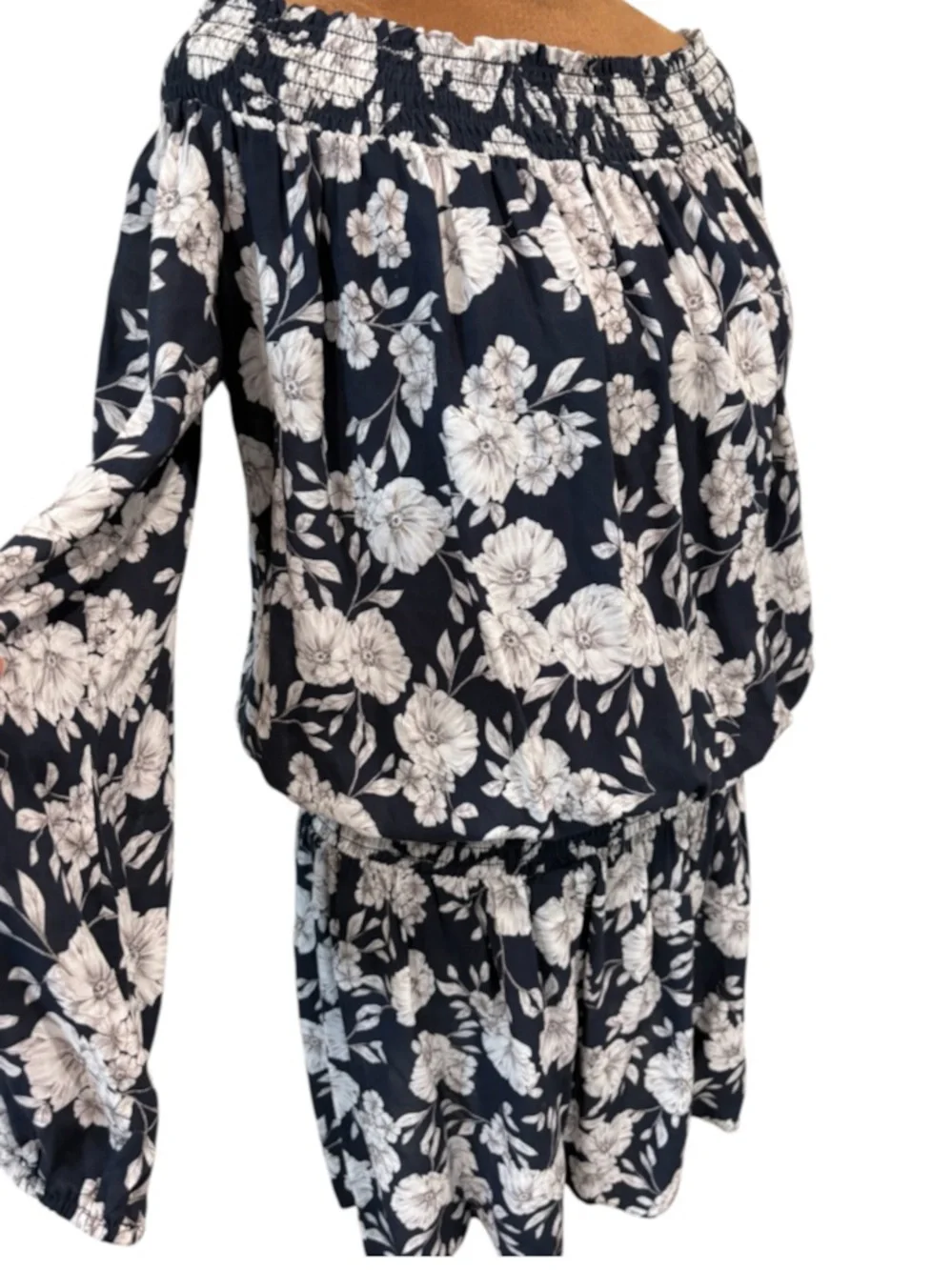 INTERMIX Emily Smocked Floral Off Shoulder Mini Dress Navy Boho Cottagecore  - M